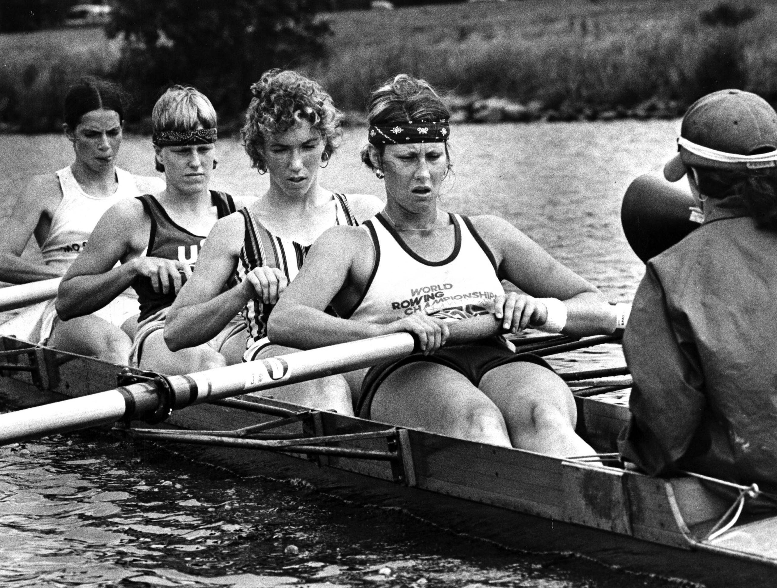 The 1976 Yale University crew team, right to left (stern to bow): Gloria Graz, Jackie Zoch, Nancy Storrs, Chris Ernst, and Carol Brown.