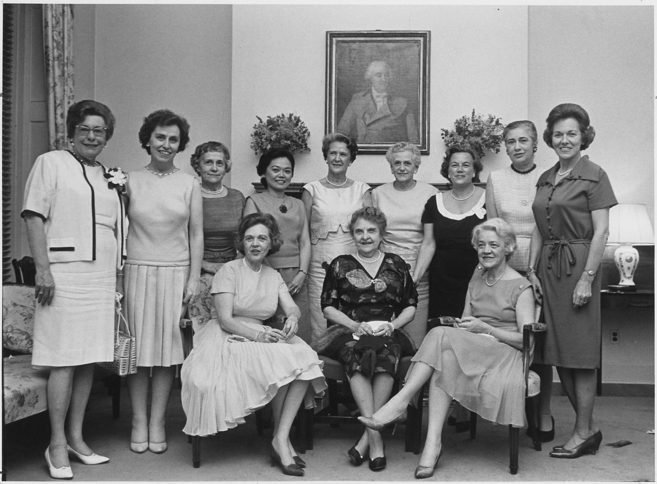 Edith Green of Oregon (third from top left) and Patsy Takemoto Mink of Hawaii (forth from top left) stand with the congresswomen of the 89th Congress.